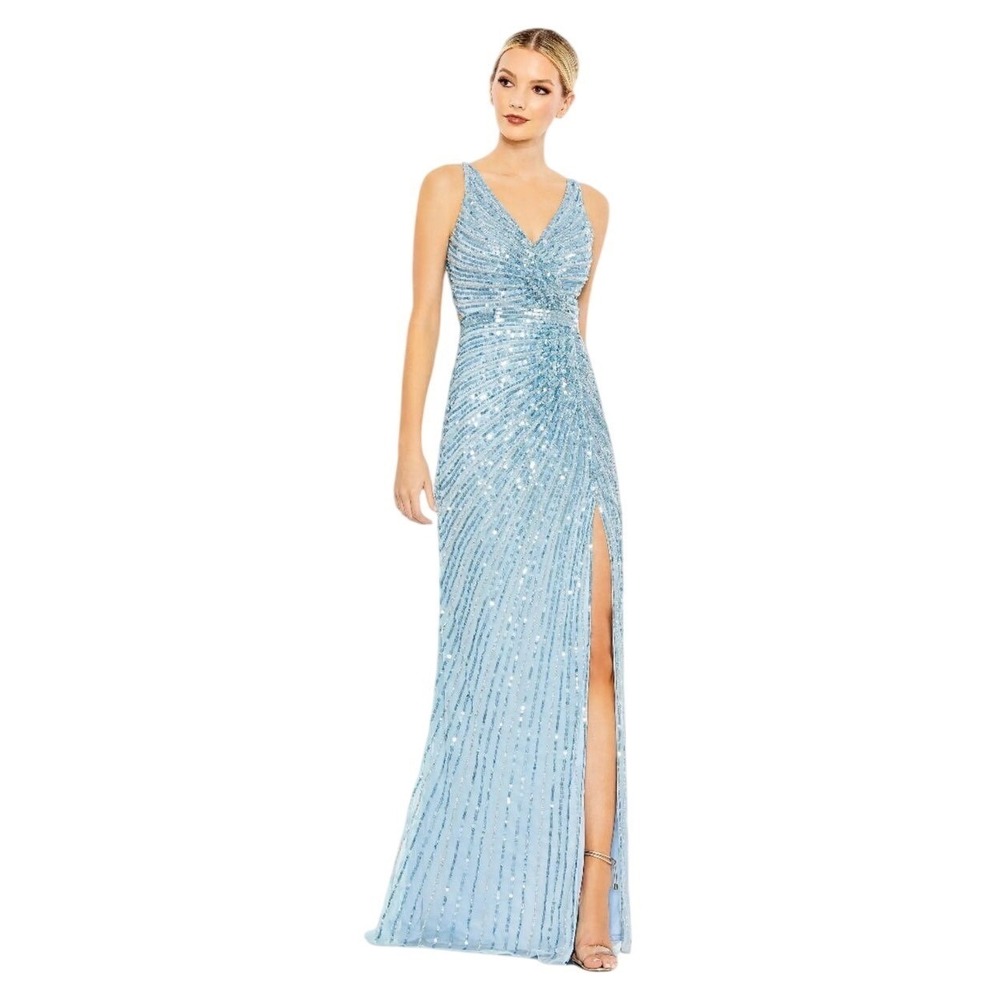 Mac Duggal 5685 Blue Sequined Faux Wrap Sleeveless Gown Bow Back Dress Womens 12